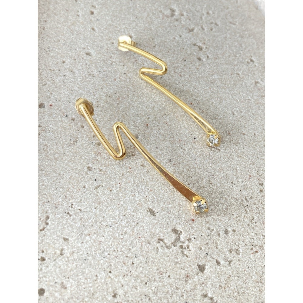 Gold Tone Zigzag Bar Drop Earrings Clear Rhinestone Accent Abstract Couture‎